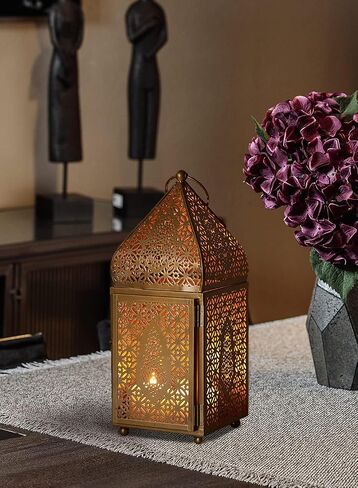 Serene Spaces Living Moroccan Lightweight Thin Gold Ornate Candle Lantern, Antique Gold Lantern, Decorative Candle Holders for Indian Wedding, Eid, Ramadan, Events, 4.5" Diameter & 12" Tall in Kuwait