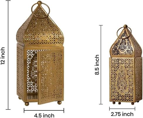Serene Spaces Living Moroccan Lightweight Thin Gold Ornate Candle Lantern, Antique Gold Lantern, Decorative Candle Holders for Indian Wedding, Eid, Ramadan, Events, 4.5" Diameter & 12" Tall in Kuwait
