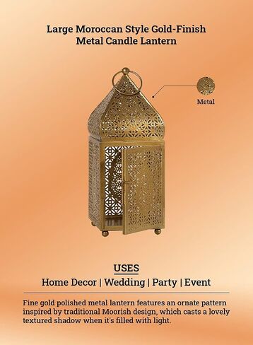 Serene Spaces Living Moroccan Lightweight Thin Gold Ornate Candle Lantern, Antique Gold Lantern, Decorative Candle Holders for Indian Wedding, Eid, Ramadan, Events, 4.5" Diameter & 12" Tall in Kuwait