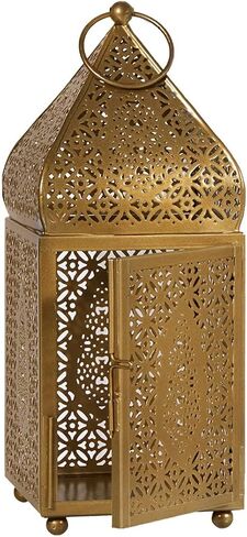 Serene Spaces Living Moroccan Lightweight Thin Gold Ornate Candle Lantern, Antique Gold Lantern, Decorative Candle Holders for Indian Wedding, Eid, Ramadan, Events, 4.5" Diameter & 12" Tall in Kuwait