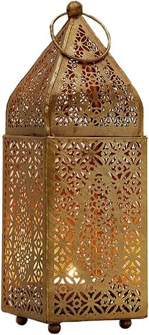 Serene Spaces Living Moroccan Lightweight Thin Gold Ornate Candle Lantern, Antique Gold Lantern, Decorative Candle Holders for Indian Wedding, Eid, Ramadan, Events, 4.5" Diameter & 12" Tall in Kuwait
