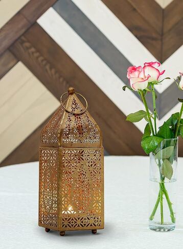Serene Spaces Living Moroccan Lightweight Thin Gold Ornate Candle Lantern, Antique Gold Lantern, Decorative Candle Holders for Indian Wedding, Eid, Ramadan, Events, 4.5" Diameter & 12" Tall in Kuwait