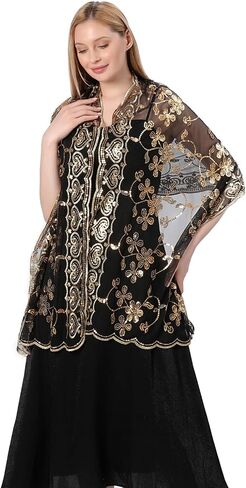 Shawls and Wraps for Evening Dresses,Women Formal 1920s Sequin Flower Sheer Shawls and Wraps for Wedding- in Saudi Arabia