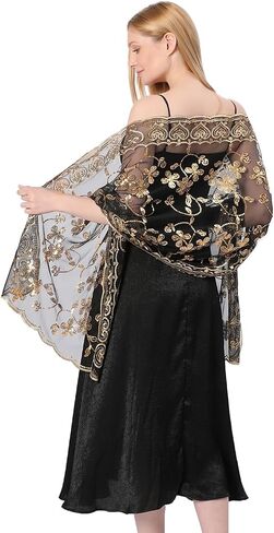 Shawls and Wraps for Evening Dresses,Women Formal 1920s Sequin Flower Sheer Shawls and Wraps for Wedding- in Saudi Arabia