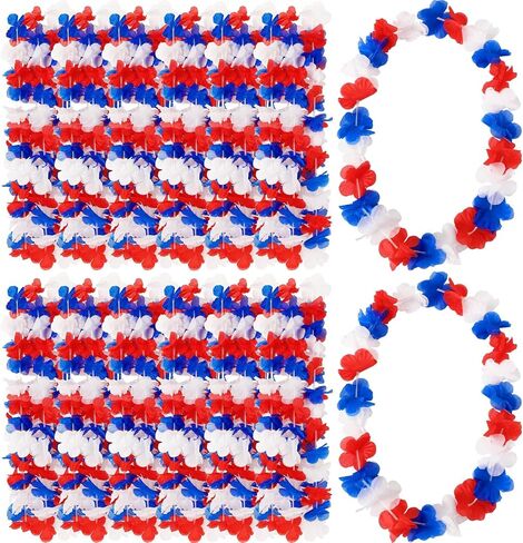 JUNEBRUSHS 24 Pack Patriotic Leis Red White and Blue Flower Leis, 4th of July Garlands Hawaiian Luau Flower Necklaces Bulk for Fourth of July, Memorial Day, Independence Day Decorations Party Favors in Kuwait