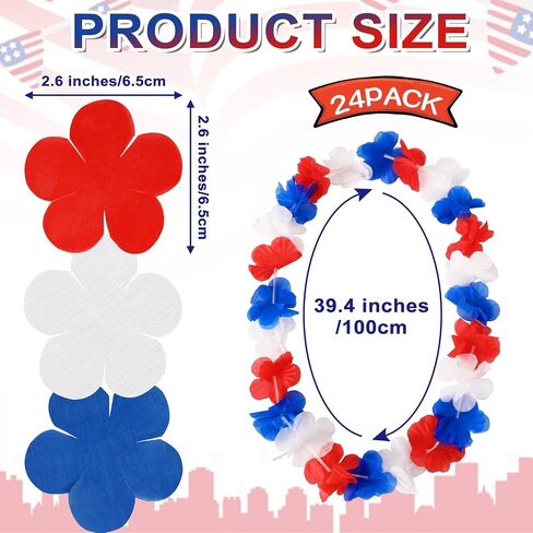 JUNEBRUSHS 24 Pack Patriotic Leis Red White and Blue Flower Leis, 4th of July Garlands Hawaiian Luau Flower Necklaces Bulk for Fourth of July, Memorial Day, Independence Day Decorations Party Favors in Kuwait