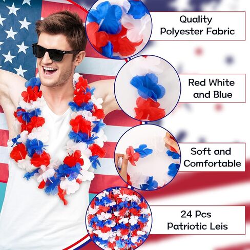 JUNEBRUSHS 24 Pack Patriotic Leis Red White and Blue Flower Leis, 4th of July Garlands Hawaiian Luau Flower Necklaces Bulk for Fourth of July, Memorial Day, Independence Day Decorations Party Favors in Kuwait