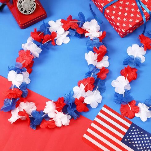 JUNEBRUSHS 24 Pack Patriotic Leis Red White and Blue Flower Leis, 4th of July Garlands Hawaiian Luau Flower Necklaces Bulk for Fourth of July, Memorial Day, Independence Day Decorations Party Favors in Kuwait