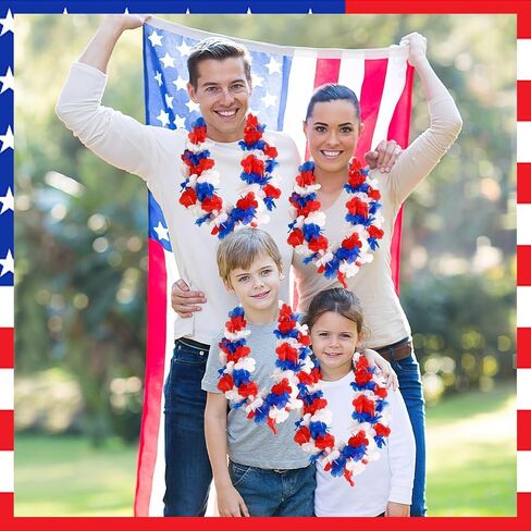 JUNEBRUSHS 24 Pack Patriotic Leis Red White and Blue Flower Leis, 4th of July Garlands Hawaiian Luau Flower Necklaces Bulk for Fourth of July, Memorial Day, Independence Day Decorations Party Favors in Kuwait