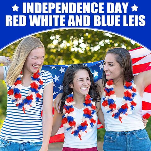 JUNEBRUSHS 24 Pack Patriotic Leis Red White and Blue Flower Leis, 4th of July Garlands Hawaiian Luau Flower Necklaces Bulk for Fourth of July, Memorial Day, Independence Day Decorations Party Favors in Kuwait