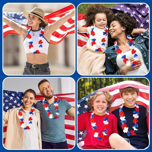 JUNEBRUSHS 24 Pack Patriotic Leis Red White and Blue Flower Leis, 4th of July Garlands Hawaiian Luau Flower Necklaces Bulk for Fourth of July, Memorial Day, Independence Day Decorations Party Favors in Kuwait