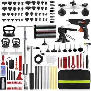 Hugbeo 128 PCS Dent Removal Kit ، أدوات إزالة دنت آمنة للطلاء ، مجتذب DIY Dent مع رافع أسود ، T-BAR ، مجتذب كأس الجسر ، مطرقة مطاطية ومند غراء لإزالة السيارة دنت