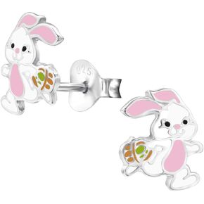 925 Sterling Silver Easter pink white Bunny Rabbit Small Stud Earrings 28242