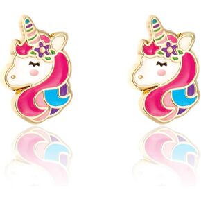 GIRL NATION Cutie Enamel Stud Earrings for Girls Ages 5 and Up, Hypoallergenic Earrings in Unicorn Dreams Design