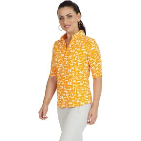 IBKUL Athleisure Wear Sun Protective UPF 50+ Icefil Cooling Juno Print Ruched Elbow Length Sleeve Top – 41759