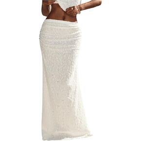 Shenhe Women's Summer Y2K LOW RIST RUCHED MAXI Seyelet Goyelet Bodycon Long Fishlain Skirt