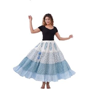 Women's Cotton Hand Block Printed Maxi Skirt with Drawstring Tassels, Lined & Ruffle Hem