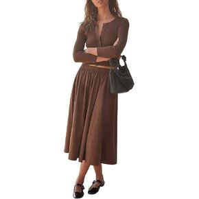 تنورة نسائية مجموعات الأكمام طويلة زر أسفل كارديجان مرنة الخصر فستان Midi تنورة الأزياء الملابس