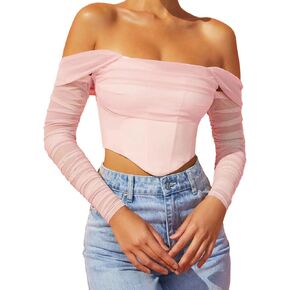 Womens Off The Shoulder Corset Top Sexy Mesh Long Sleeve Boned Bustier Concert Cute Going Out Tops