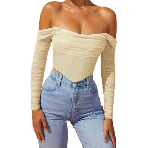 المرأة قبالة الكتف مشد الأعلى مثيرة شبكة طويلة الأكمام طويلة boned bustier الحفل لطيف الخروج من قمم in Saudi Arabia