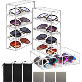 مجموعة منظمات الغلاف الشمسي الأكريليك من 3 ، حامل نظارات شاذة مع 3pcs eyeglasses حقيبة 3pcs تنظيف الملابس ، تخزين نظارات شفافة مع درج ، حالة عرض نظارات قابلة للتكديس لمان امرأة