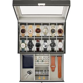 12 Slots Watch Case with Jewelry Drawer Lockable Watch Jewelry Box for Women Men Jewelry Display Case Leather Watch Organizer with Glass Top 2 Layers Watch and Jewelry Box for Storage