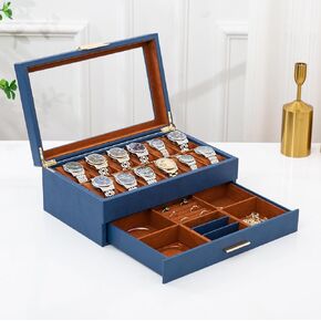 12 Slot Leather Watch Box with Valet Drawer - 12 Slot Luxury Watch Case Display Organizer, Microsuede Liner, Mens Accessories Holder, Jewelry Case, Jewelry Display Organizer (Blue/Brown)
