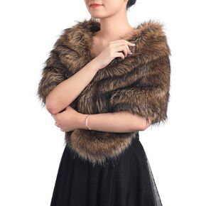 EARENT Women's Faux Fur Shawls and Wraps Bride Wedding Sleeveless 1920s Fur Scarf Bridal Fur Stoles with Brooch Winter Fur Caplet for Brides and Bridesmaids (Brown)