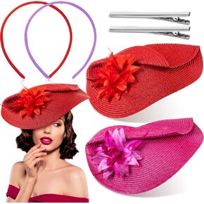 2 Pcs Derby Fascinators Hat for Women Flower Tea Party Hats Retro Derby Headwear Hair Clips for Cocktail Wedding Red, Purple