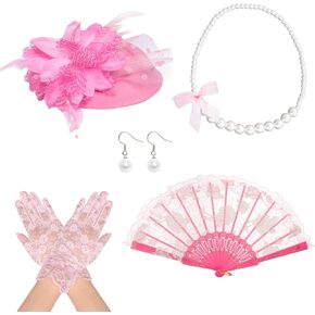 Fumwase 5 Pcs Tea Party Supplies Garden Party Gloves Hats Necklace Earrings Fancy Party Accessories Tea Party Wedding Costume