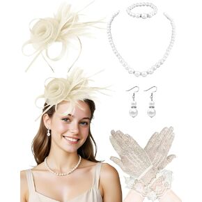 5Pcs Fascinator Hat for Women Tea Party Hats Headband Tea Party Headpiece and Lace Glove Set for Women 1920s Party