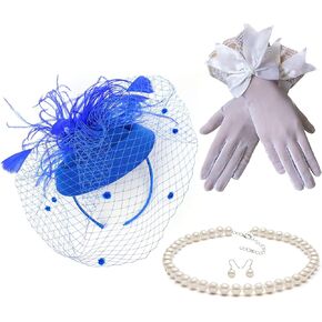 Gionforsy Pillbox Fascinator Veil Feather Derby Hat Lace Gloves Pearl Necklace