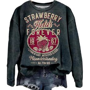 BOMYTAO Vintage Rock Band Sweatshirts for Women Fashion Country Music Pullover Beatle Strawberry Fields 1967 Long Sleeve Top