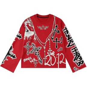 WDIRARA Men's Graphic Cross Print Long Sleeve Sweatshirts Crew Neck Pullover Tops Streetwear