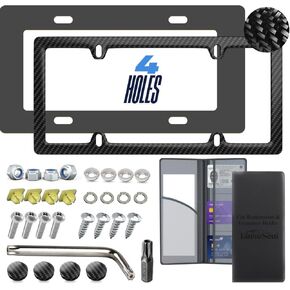 100% Real Carbon Fiber License Plate Frame Rattle Proof, Sleek, Lightweight, Rust-Proof, and Durable Car Plates Frame Black License Plate Frames with Complete Mounting Hardware-1 Pack 4 Hole