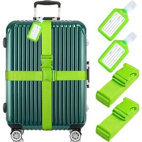 4-Pack Luggage Straps and Tags Set | 79" Heavy Duty Suitcase Strap & Identifier Tag | Classic Design & Easy to Use | Travel Belts & Baggage ID Labels for Suitcases Duffels Bags, Neon Green