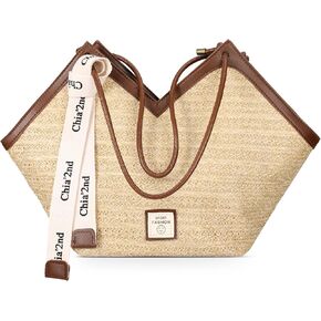 Straw Beach Tote Bag for Women, Summer Woven Tote Bags with Zipper, Portable Shoulder Vacation Purse Handbags