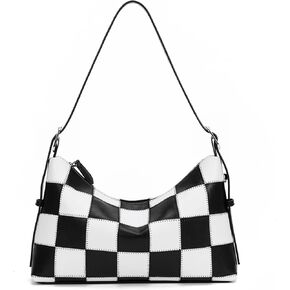 Checkered Shoulder Bag for Women,Trendy Crossbody Bag Leather Tote Bag Classic Black and White Purse Hobo Bag with Strap