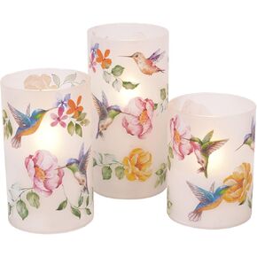 Mark Feldstein & Associates Hummingbirds and Florals Flameless LED Glass Pillar Candles, Set of 3, 6 Inch