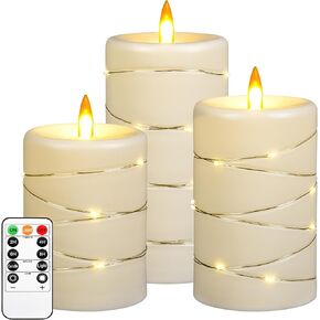 Da by Flameless Candle with Recessed Fairy Lamp, Dynamic Flame Candle Battery Powered with Timer & Remote Control 3-Piece Set