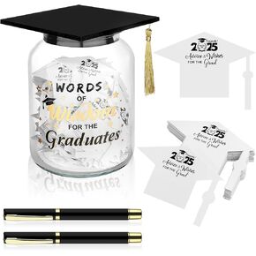103 Pcs Graduation Wish Jar Set Class of 2025 Graduation Cap Jar with 100 Graduation Advice Cards and 2 Pens Words of Wisdom Grad Jar Graduation Gift for High School College Grad Party Favors