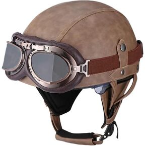 German Style Motorcycle Helmet for Adult Retro Leather Half Helmet Vintage Cap Skull Cap Open Face Helmet with Goggles for Cruiser Scooter Chopper DOT/FMVSS 218 Approved