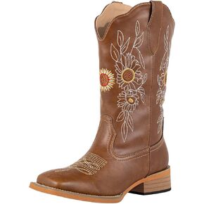 J's.o.l.e Floral Cowboy Boots for Women Square Toe Wide Calf Western Fashion Sunflower Cowgirl Boots