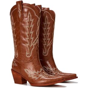 Cowgirl Boots Women – Western Mid-Calf Cowboy Boots, Pointy Toe, 3" Chunky Heel Fashion Embroidered Ladies Boots