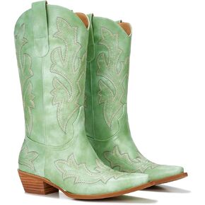 Cowgirl Boots Women – Western Mid-Calf Cowboy Boots with Pointy Toe & 2-Inch Chunky Heel, Embroidered Fashion Boots