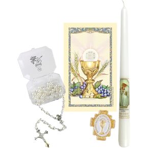 Needzo First Communion Gift Set with Candle, White Rosary, Lapel Pin, and Prayer Card, Catholic Present Ideas for Girls (Pack of 4)