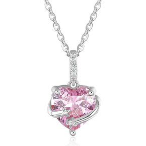 Pendant Necklace,925 Sterling Silver,Platinum Plated,Pink Heart Shape,18 inches