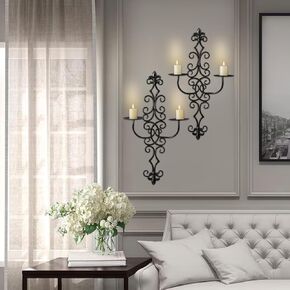 SOFE Large Black Candle Sconces Set of 2, 21 Inches Long Rustic Wall Candle Sconces Double Arm, Vintage Pillar Candle Holder for Wall, Living Room, Bathroom, Entryway Metal Scroll Wall Decor