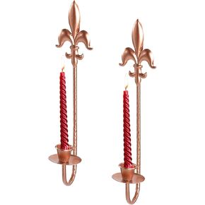Rose Gold Metal Candle Sconces Wall Decor Set of 2 - Elegant Fleur De Lis Wall Mounted Candle Holders, 13.5" Vintage Decorative Wall Candle Holder for Home Decor, Wedding, Dining Room, Bedroom