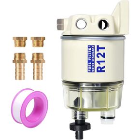 R12T Marine Fuel Water Separator Kit, 10 Micron Filter, Replace S3240 120AT, Fit 1/4 Inch NPT Outboard Motors for Gas & Diesel Engines Includes 2 fittings, 2 plugs
